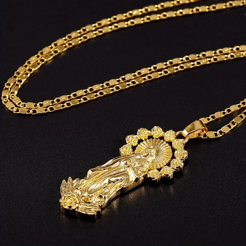14k Gold Plated Womens Mens Link Chain And Virgin Mary Pendant Necklace 18” - Picture 15 of 16